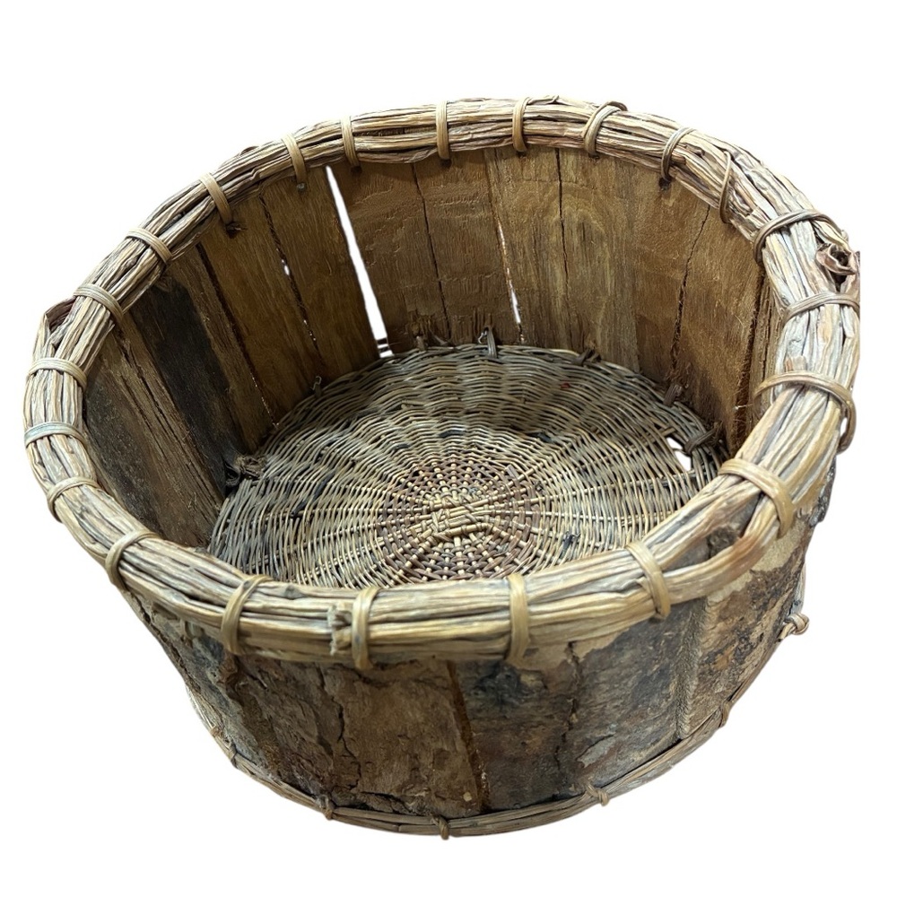 Rustic Brown Wood Slat and Woven Reed Gathering Basket Unique Details